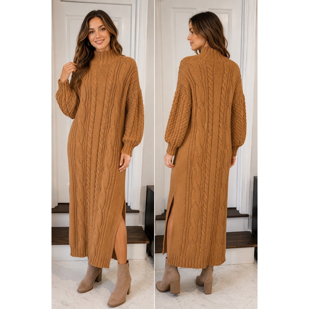 Nichole Lynel Camel Cable Knit Maxi Sweater Dress Slits Puff Sleeve Small NWT‎